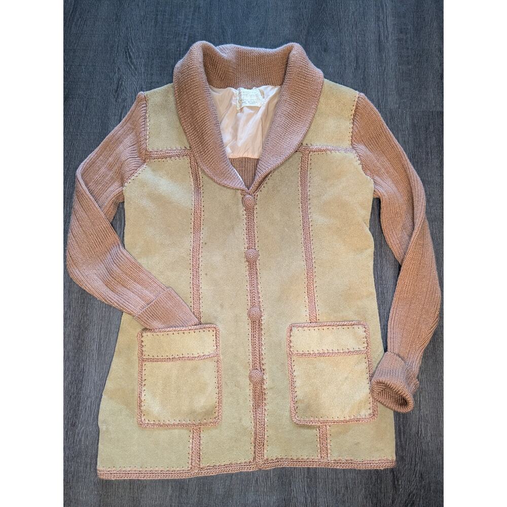 Vintage 70s Exclusive Imports Tan Leather Crochet Jacket Boho Hippy SZ M Korea